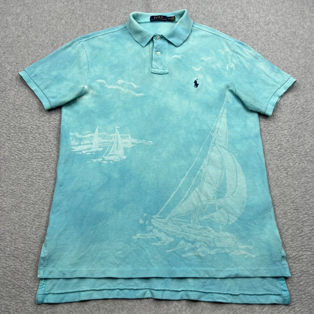 Polo Ralph Lauren Sailboat Print Mesh Shirt Mens Medium Blue Cloud Nautical Pony